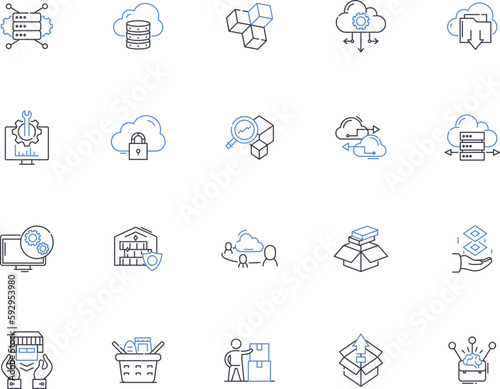 Storage outline icons collection. Storage, Space, Container, Rack, Cabinet, Unit, Bin vector and illustration concept set. Box, Trunk, Repository linear signs