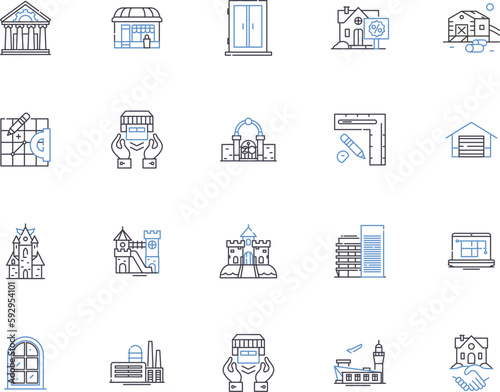 Buildings outline icons collection. Architecture, Structures, Edifices, Skylines, Infrastructures, Skyscrapers, Facades vector and illustration concept set. Turrets, Spires, Columns linear signs