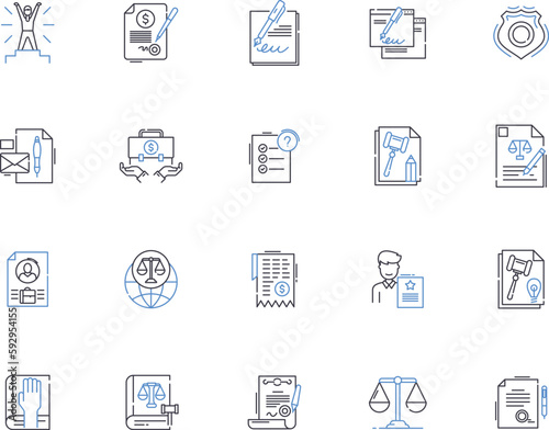 Legal outline icons collection. Law, Court, Rights, Contract, Attorney, Justice, Legislation vector and illustration concept set. Litigation, Agreement, Hearings linear signs