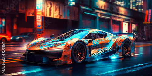 three dimensional render racing car in night vision at night scene,
