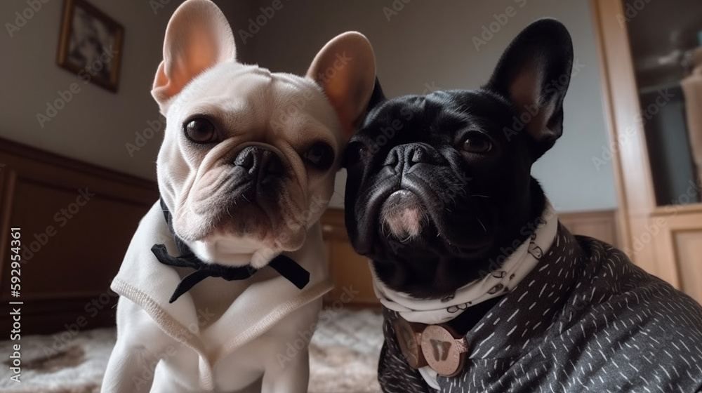 Fototapeta premium Zwei Hunde in Klamotten machen ein Selfie