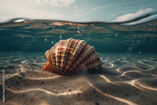 Seashell on the summer beach in sea water. AI generated