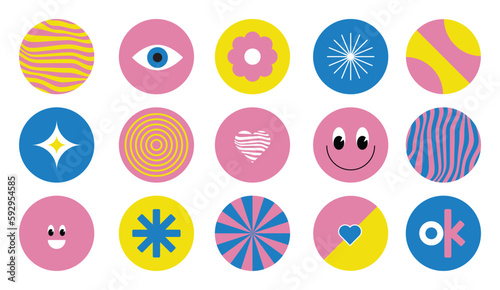 Trendy circle elements for design and decorate. Naive playful abstract shapes sticker pack. Circle geometry flat design. Minimalistic aesthetics. Eye, starburst , aim, heart