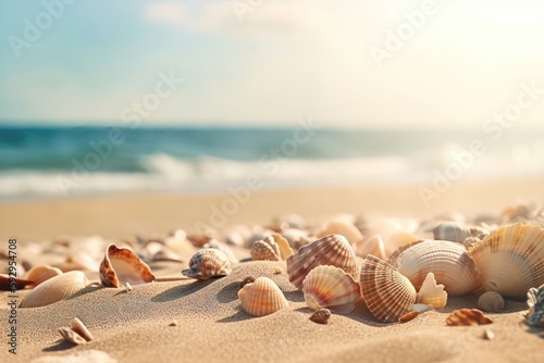 Summer concept sandy beach background with seashells. AI generated © yuliachupina