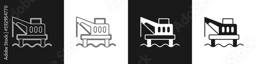 Set Oil platform in the sea icon isolated on black and white background. Drilling rig at sea. Oil platform, gas fuel, industry offshore. Vector