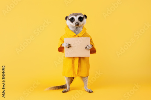 Wallpaper Mural cute meerkat in a yellow raincoat is holding a white blank sign, yellow background, Generative AI Torontodigital.ca