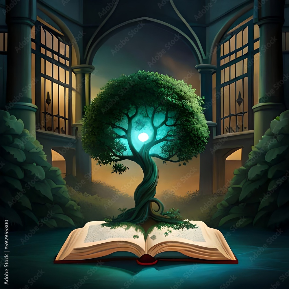 education concept with tree of knowledge planting on opening old big ...