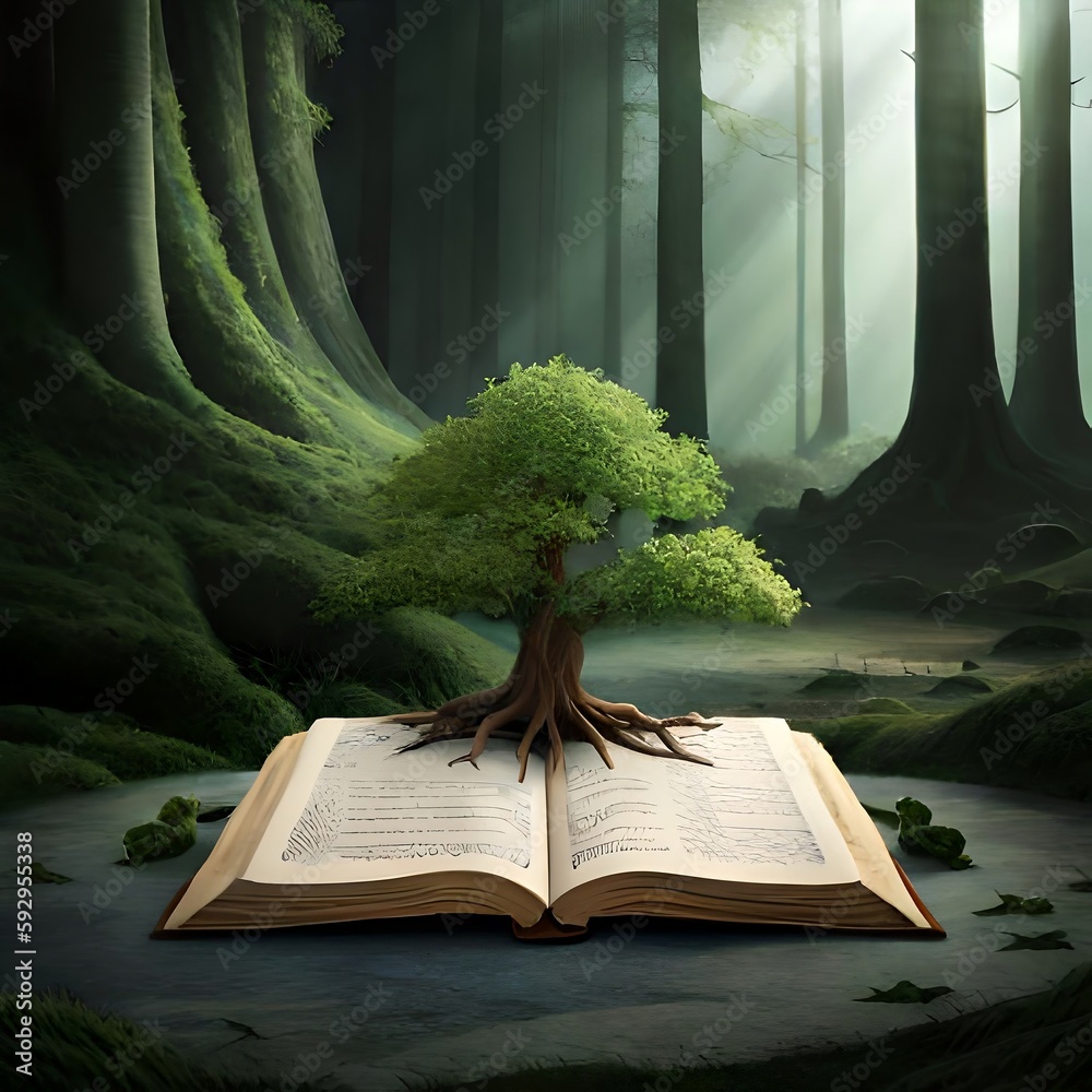 education concept with tree of knowledge planting on opening old big ...