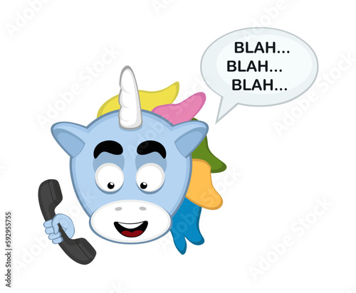 vector illustration face of unicorn cartoon talking on the phone and a speech bubble with the text blah