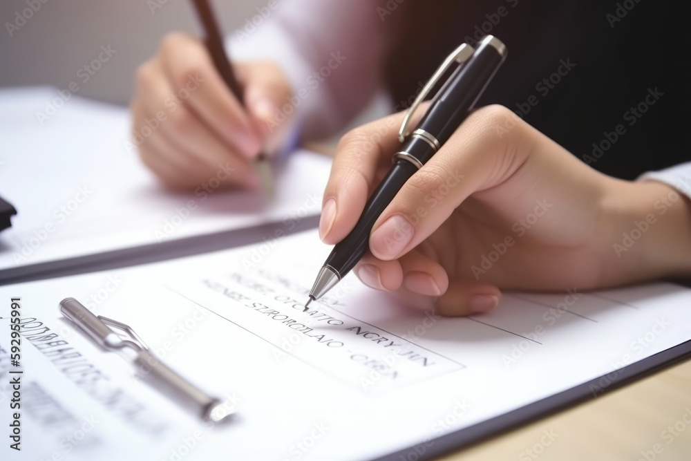 Hand of young woman holding a pen pointing to document and mark correct sign for standard quality control certification assurance concept Hand of young woman holding a pen pointing to document and mark correct sign for standard quality control certification assurance concept