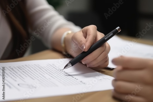 Hand of young woman holding a pen pointing to document and mark correct sign for standard quality control certification assurance concept © Kateryna