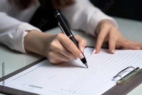 Hand of young woman holding a pen pointing to document and mark correct sign for standard quality control certification assurance concept