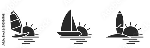 summer water beach sports icon set. windsurfing, surfing and sailing yachting symbols. vector image for tourism design