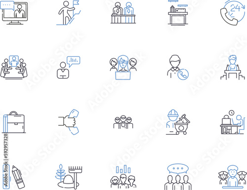 Empoyee outline icons collection. Employee, Staff, Worker, Personel, Team, Member, Associate vector and illustration concept set. Colleague, Personnel, Operator linear signs