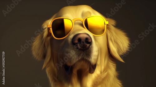 A funny dog ​​dressed sunglasses on the yellow or illuminating background © Witri