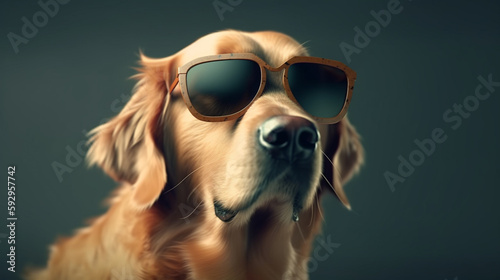 A funny dog ​​dressed sunglasses on the yellow or illuminating background © Witri