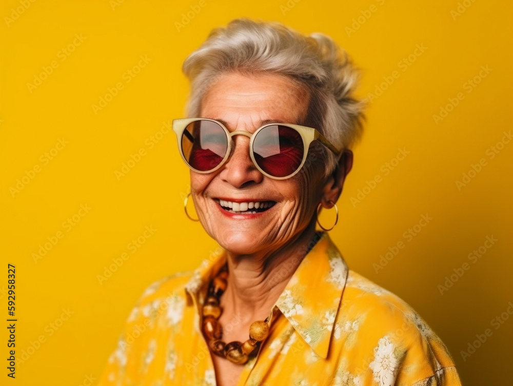 cool elderly woman posing in studio lighting in front of yellow background with sunglasses and accessories - Generative AI cool elderly woman posing in studio lighting in front of yellow background with sunglasses and accessories - Generative AI