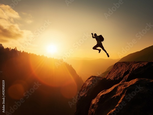 Men jump cliff sun light over silhouette. AI generative