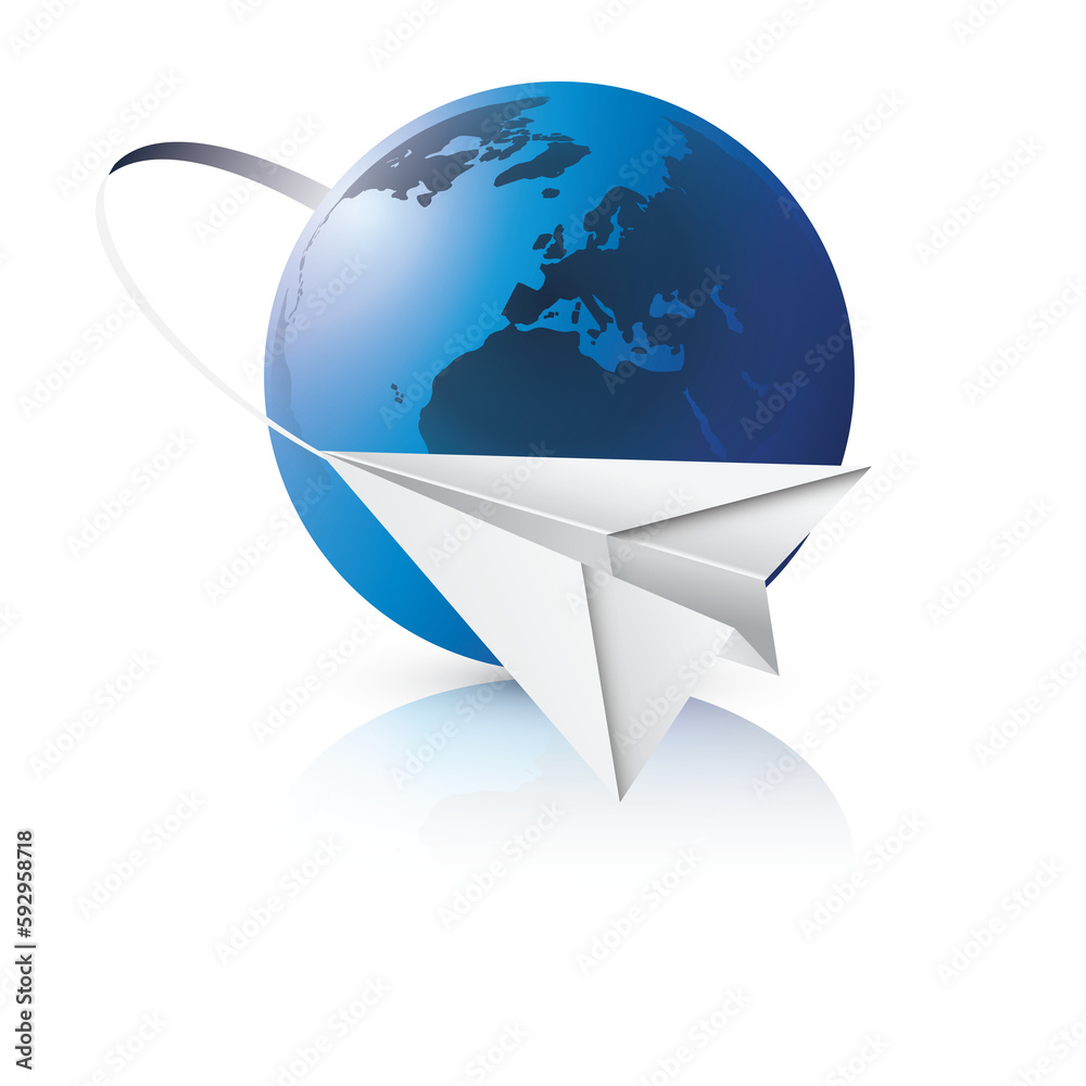 Paper Airplane Flying All Around Planet Earth, Blue Globe - Transportation, Traveling By Air Concept Illustration, Design on Transparent Background