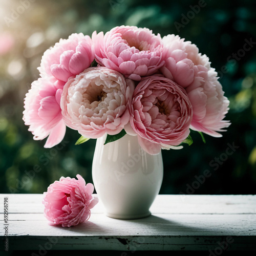 Blumenstrauß rosa Pfingstrosen in Vase, Generative AI