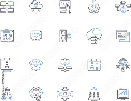 Programm outline icons collection. Program, Programm, Programming, Plans, Scripts, Algorithms, Codes vector and illustration concept set. Fluency, Syntax, Apps linear signs
