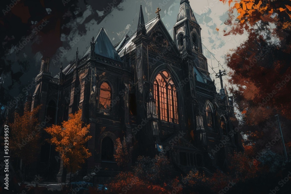 An Abstract illustration of an art painting of a church with a mixture of dark colors. Generative AI