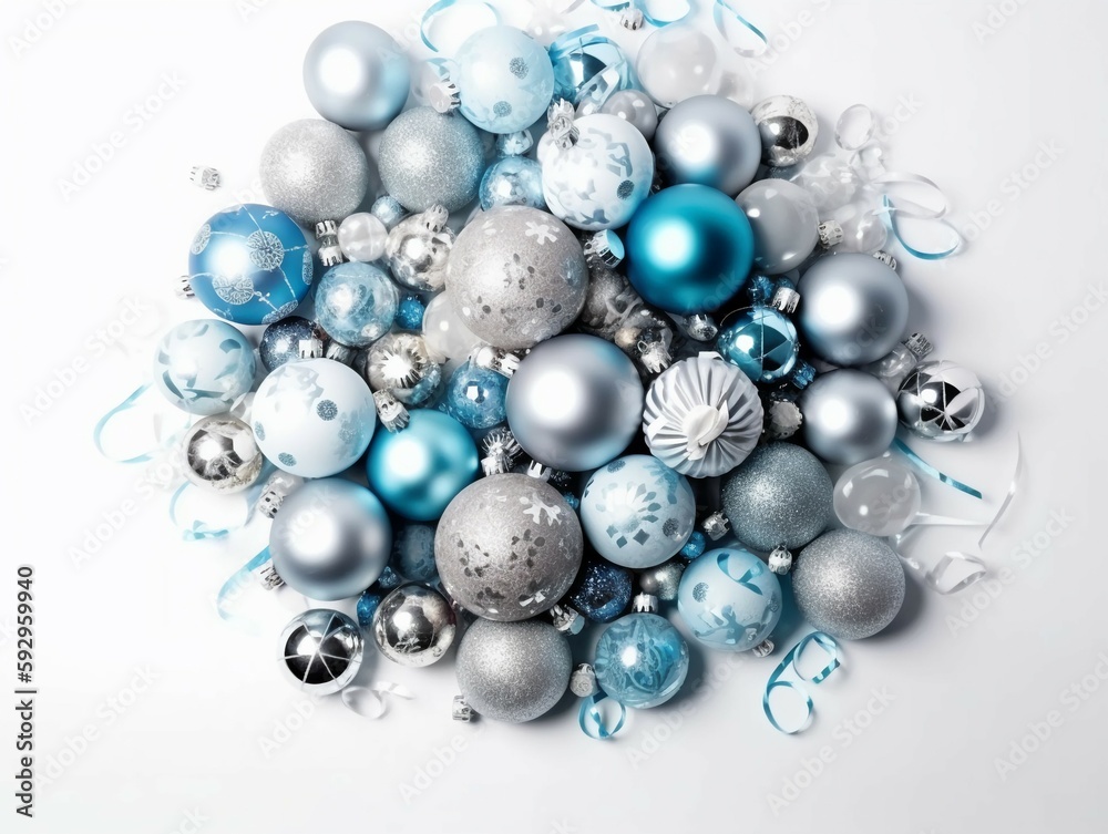 Top view photo of blue white and silver baubles disco balls big present boxes with ribbon bows and confetti. AI generative Top view photo of blue white and silver baubles disco balls big present boxes with ribbon bows and confetti. AI generative