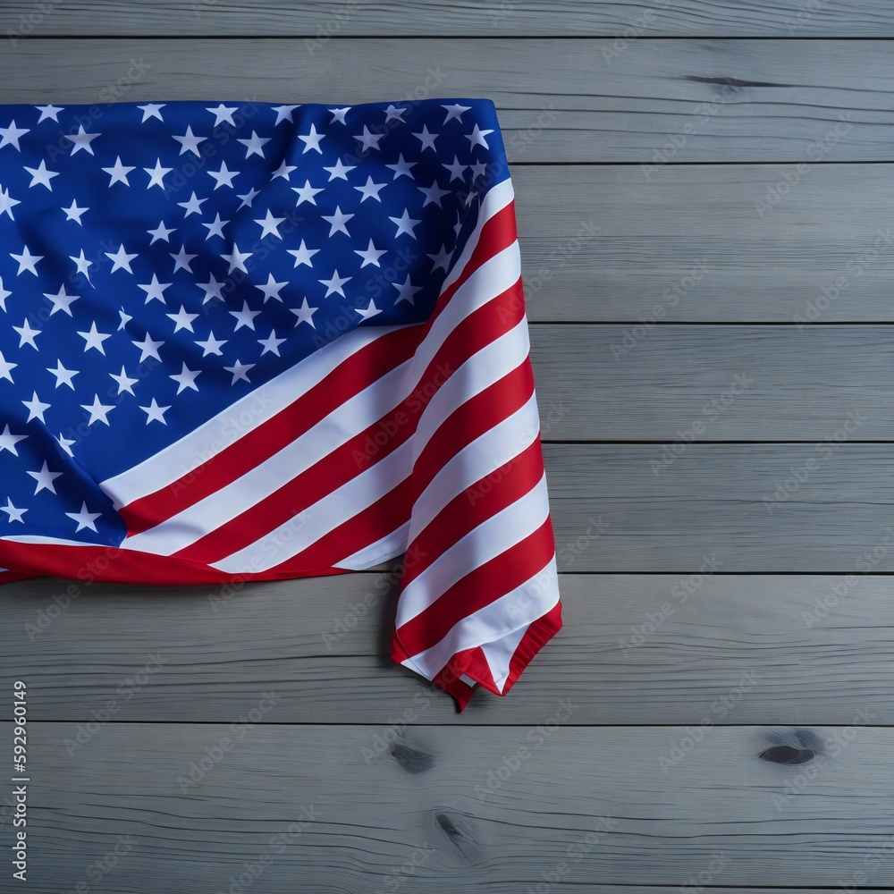 Obraz premium american flag on wooden fence, folded USA flag on wood background, the american flag is folded and placed for USA independence Generative Ai