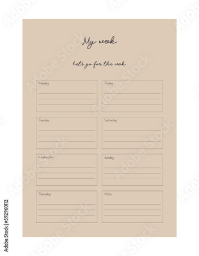 week printable template Vector. Simple Easily plan out of your day. Simple Clear Vector illustration design.