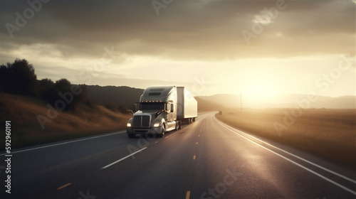 Truck on road in sunlight, arial picture, generative AI