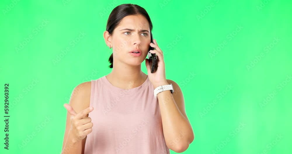 Green screen phone call, fitness and upset woman feeling angry and frustrated from crisis conversation. Isolated, studio background and athlete stress with mobile, communication problem or argument Green screen phone call, fitness and upset woman feeling angry and frustrated from crisis conversation. Isolated, studio background and athlete stress with mobile, communication problem or argument