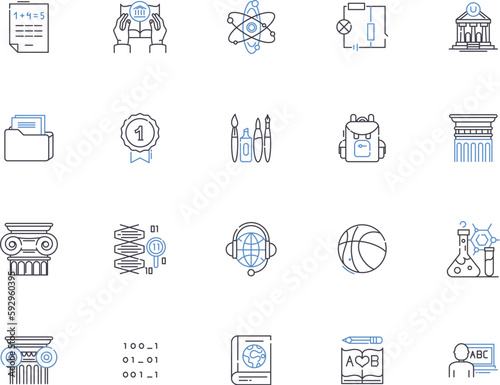 University outline icons collection. University, College, Institution, Campus, Education, Studying, Learning vector and illustration concept set. Teaching, Degrees, Majors linear signs