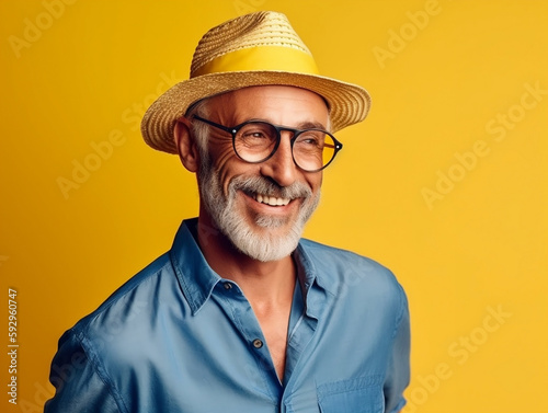 cool elderly man posing in studio lighting in front of yellow background with glasses, sun har and accessories - Generative AI
