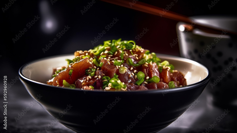 Marinated Tuna Poke, Hawaiian dish made with cubed raw tuna that's been marinated in a flavorful soy sauce mixture and served over rice Marinated Tuna Poke, Hawaiian dish made with cubed raw tuna that's been marinated in a flavorful soy sauce mixture and served over rice