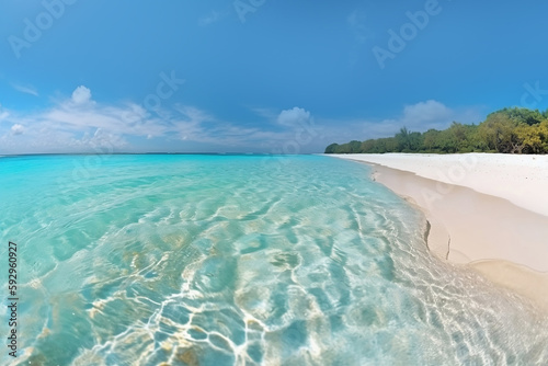 Beautiful sand beach with blue ocean. Generative AI illustration