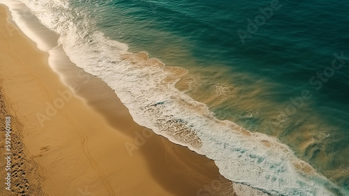 view from the drone from above to the shore of the waves on the ocean .Generative AI