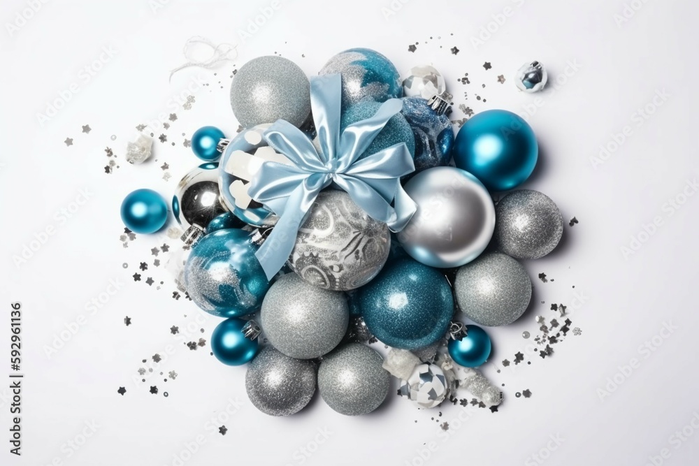 Top view photo of blue white and silver baubles disco balls big present boxes with ribbon bows and confetti. AI generative Top view photo of blue white and silver baubles disco balls big present boxes with ribbon bows and confetti. AI generative