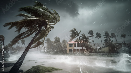 Fotografia strong wind hurricane island flood disaster .Generative AI