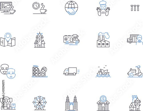 City outline icons collection. Town, Metropolis, Urban, Municipality, Settlement, Population, Isolated vector and illustration concept set. Community, Area, Abode linear signs