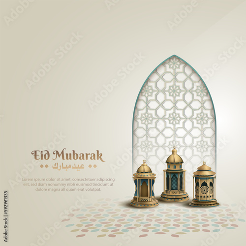 islamic greeting eid mubarak card design with three lanterns