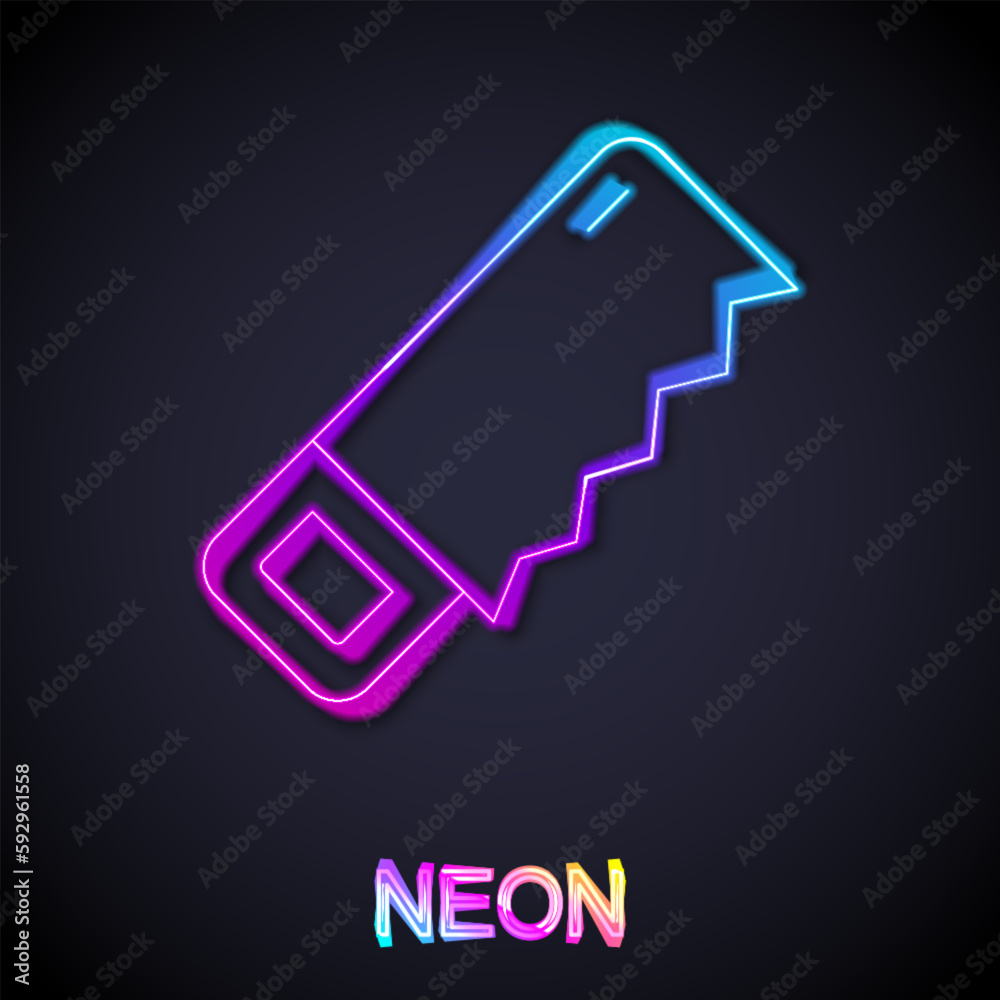 Glowing neon line Hand saw icon isolated on black background. Vector Glowing neon line Hand saw icon isolated on black background. Vector