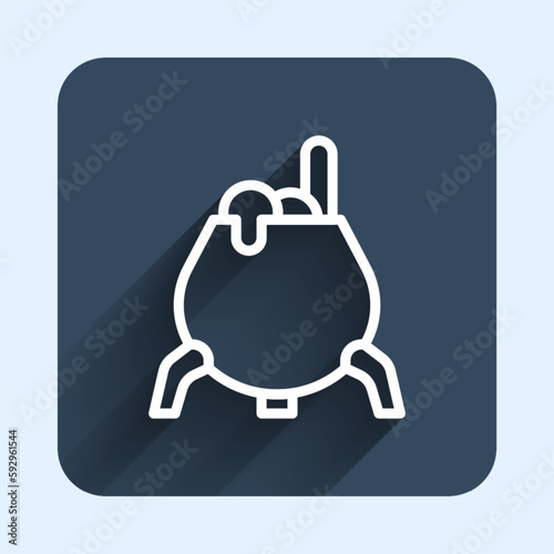 White line Witch cauldron icon isolated with long shadow background. Happy Halloween party. Blue square button. Vector