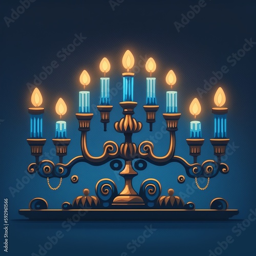 First day of Hanukkah with burning Hanukkah colorful candles in Menorah, Generative Ai photo