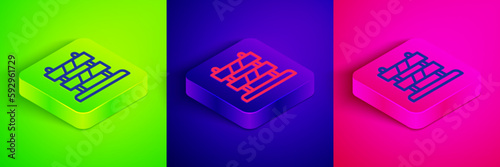 Isometric line End of railway tracks icon isolated on green, blue and pink background. Stop sign. Railroad buffer end to destination. Square button. Vector