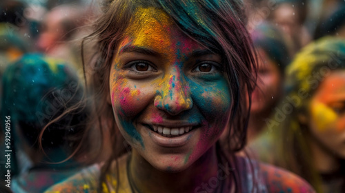 colorful painted happy woman portrait Generative AI © bahadirbermekphoto