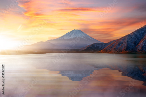 Lake kawaguchiko and Mount fuji morning mist sunrise light travel in japan © anekoho