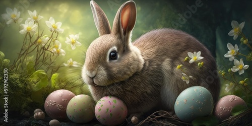 Happy bunny rabbit with easter eggs. Colorful Easter holiday celebration. superlative generative AI image.