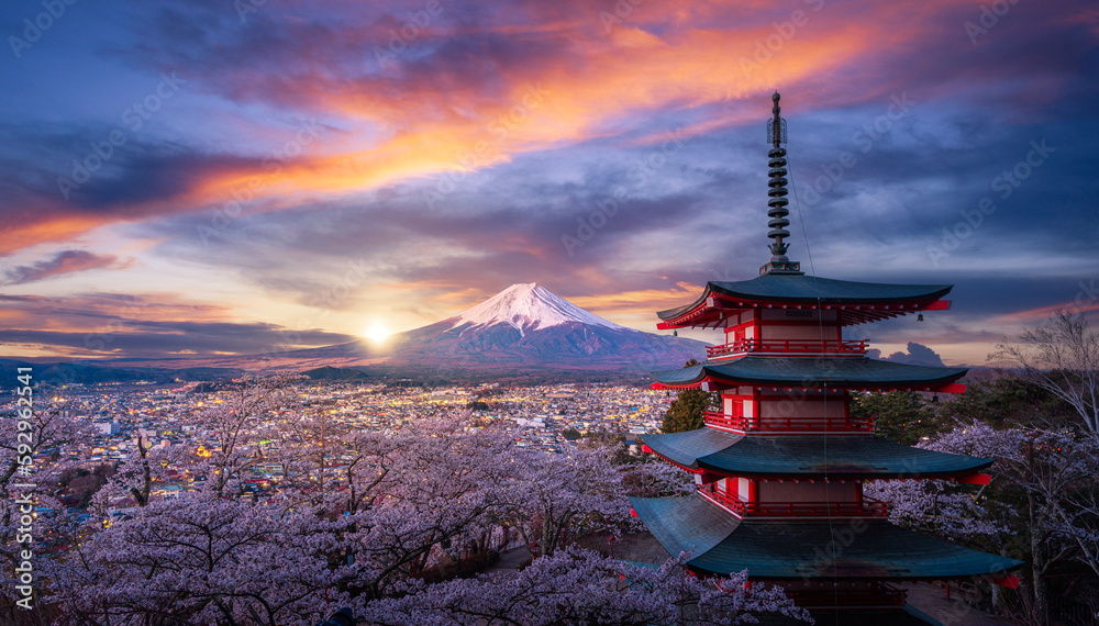 Red chureito pagoda with cherry blossom and Fujiyama mountain on the night Red chureito pagoda with cherry blossom and Fujiyama mountain on the night