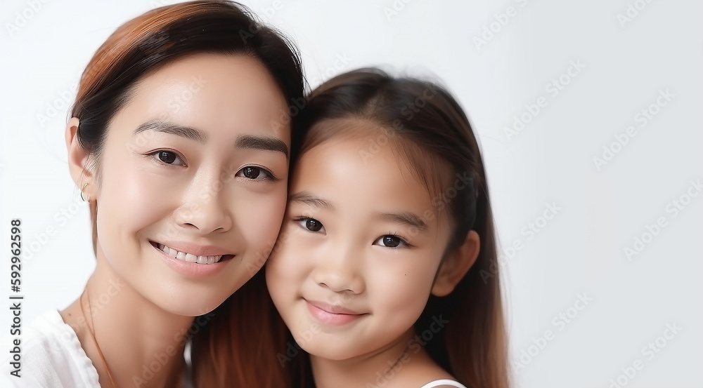 Mother and daughter having warm hug to sharing love with white background on mother's day, Generative AI Mother and daughter having warm hug to sharing love with white background on mother's day, Generative AI