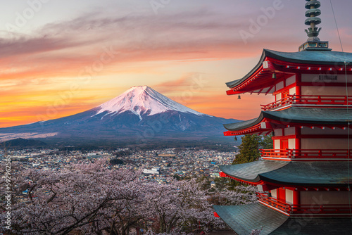 Red chureito pagoda with cherry blossom and Fujiyama mountain on the night